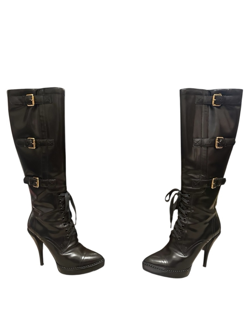 GUCCI VINTAGE Black Leather Riddle Knee High Lace-Up Platform Heeled Boot 2009 - Picture 15 of 15